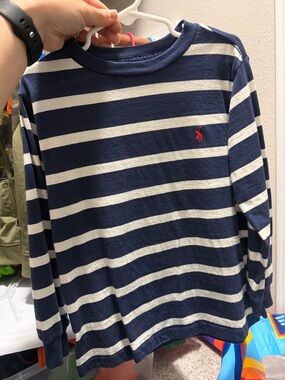 Ralph Lauren Navy & White Striped Long-Sleeve Tee with Red Polo Logo